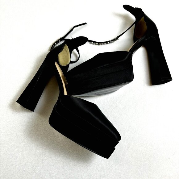 Women's Platform‎ Block Heels Shoes Sz US 10 EU 43 Satin Rhinestone Ankle Straps - Picture 2 of 12
